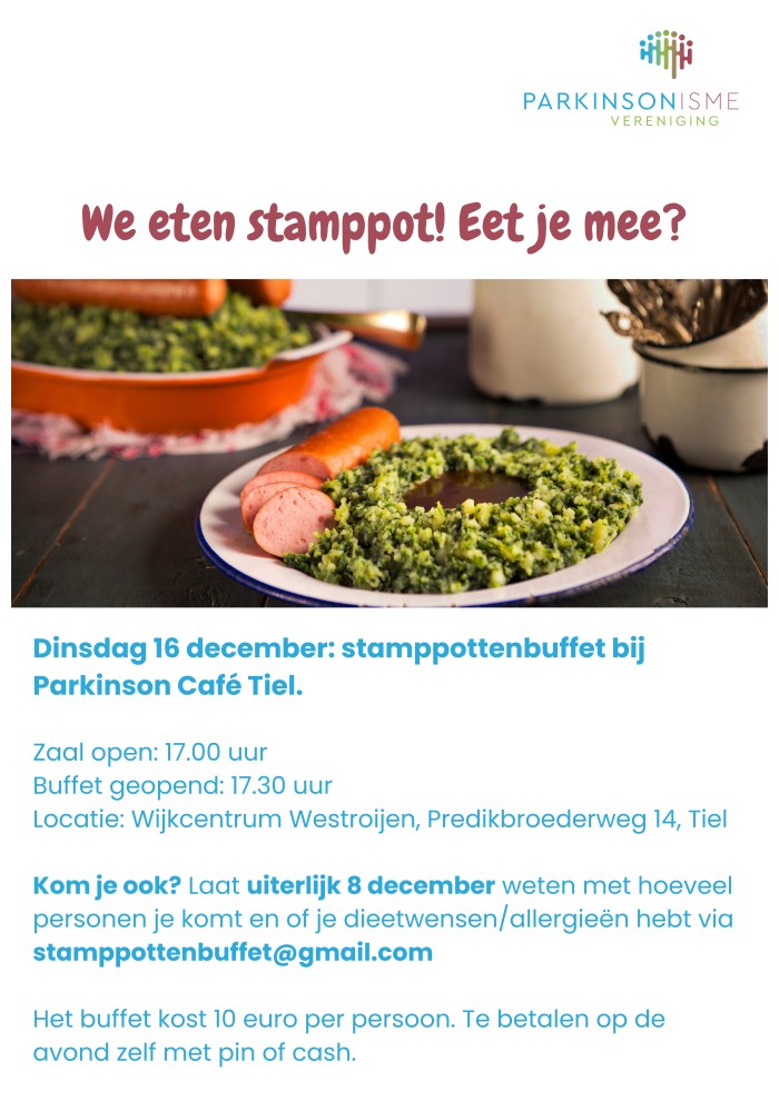 uitnodiging voor het stamppotbuffet met een foto van een bord boerenkool met worst
